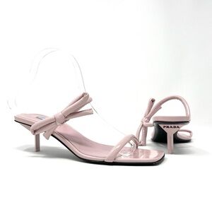 Prada Triangle Logo Strappy Pink Patent Leather Bow Sandals Kitten Heels 38 8